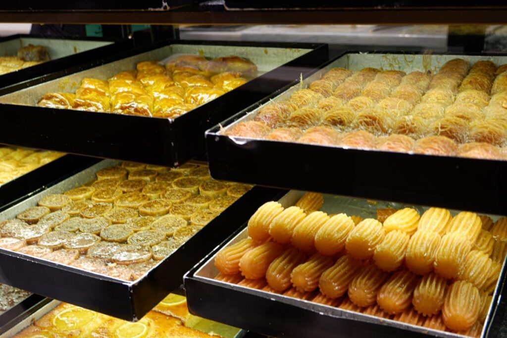 Assortments of Greek pastries in a Greek Bakery in Thessaloniki