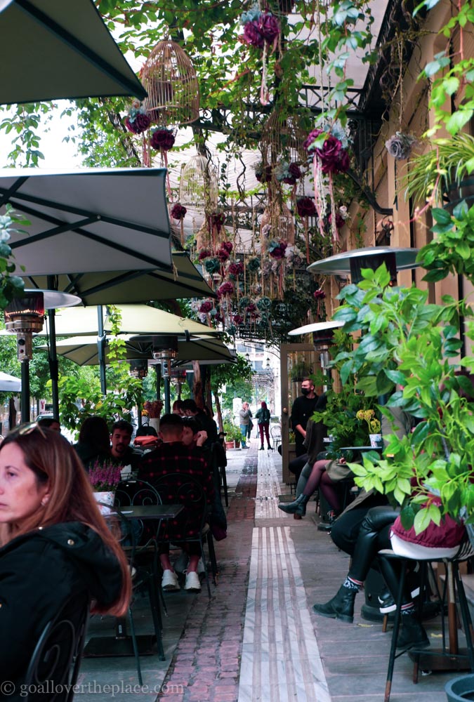 umbrellas at a sidewalk cafe in Thessaloniki, Greece