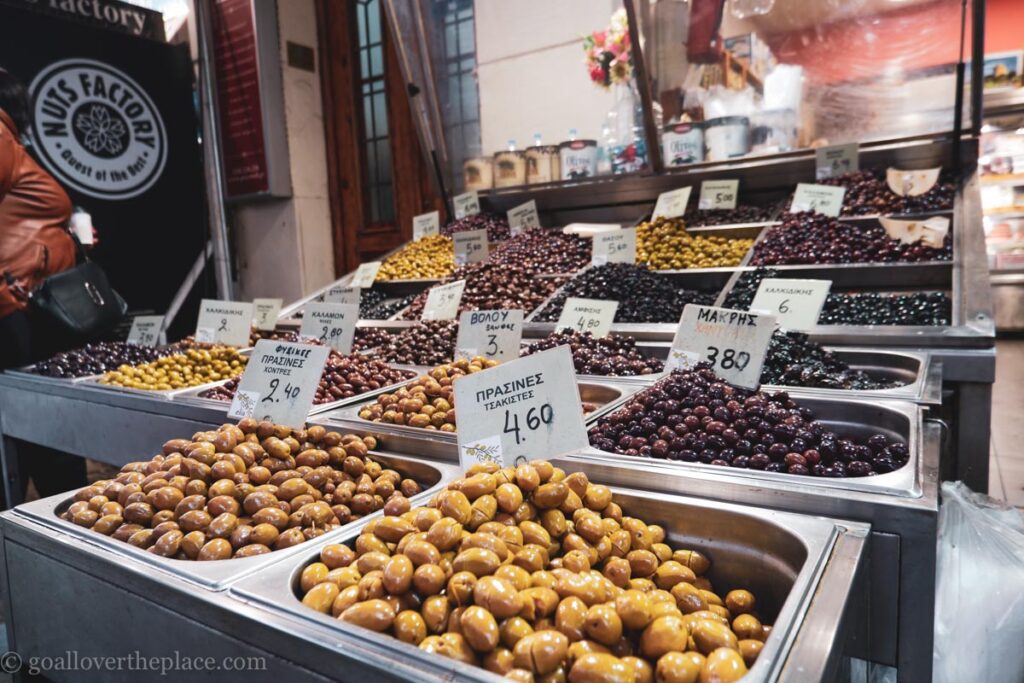 Assortments of colorful olives at the Kapani Market in Thessaloniki, Greece