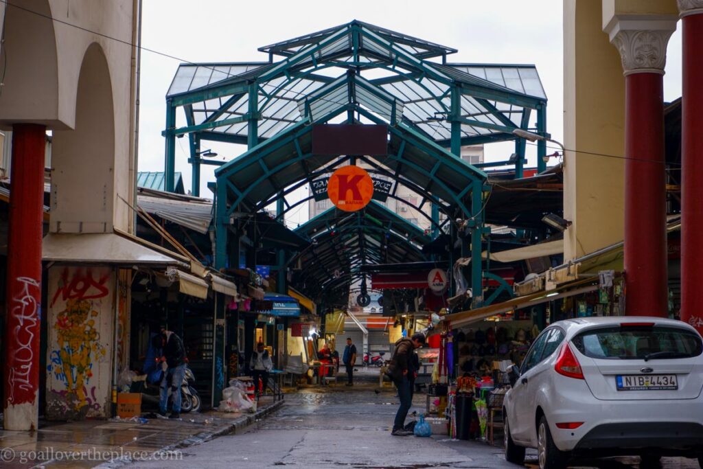 The iron gate entrance to the Kapani Market in Thessaloniki, Greece