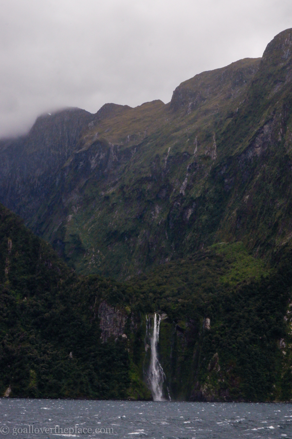 a waterfall cascades into Fjordland National Park, New Zealand
